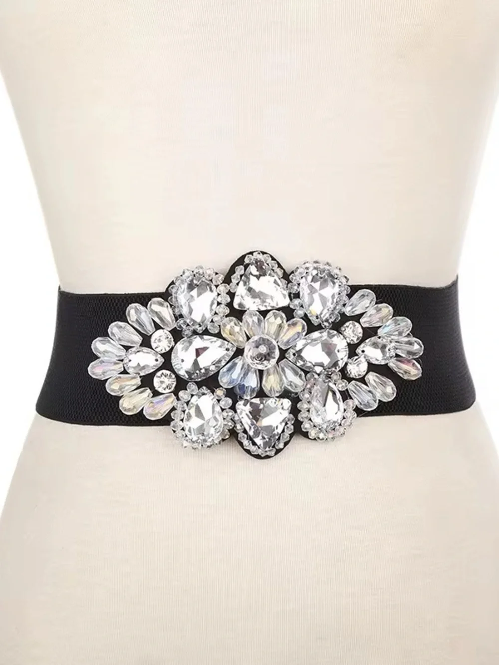 Crystal Floral Stretch Belt - Black